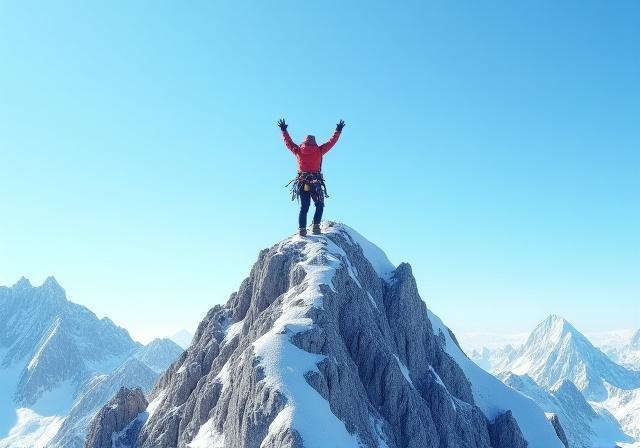 Mountain climber reaching summit during technical climbing expedition